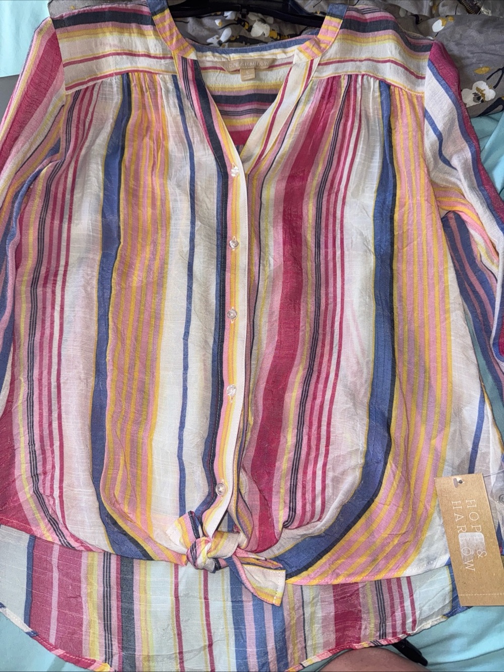 Multicolor Striped Tie-Front Button Shirt - Pink/Yellow/Blue by Hope & Harlow